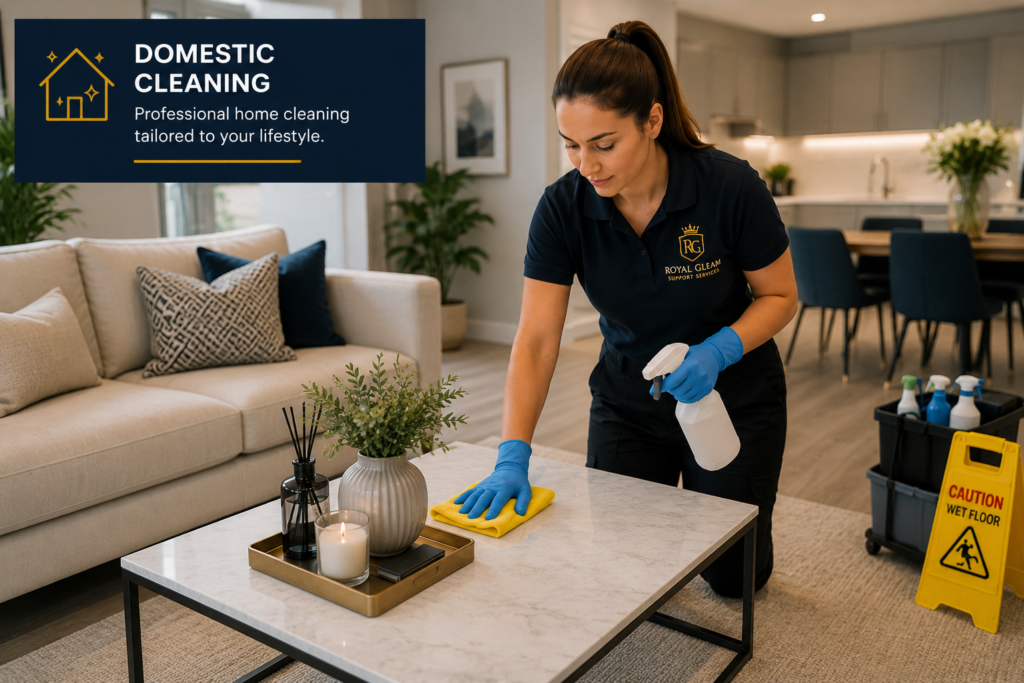 Royal Gleam illustration of a cleaner wiping a living-room coffee table.
