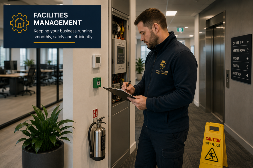 Royal Gleam illustration of a property-support worker checking a building entrance.