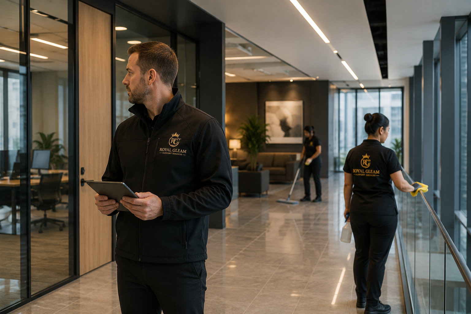 Royal Gleam illustration of a property-support worker holding a tablet while cleaners work in a commercial building.