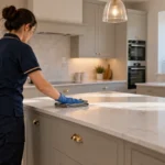 Professional cleaner removing fine dust from a newly renovated kitchen in Dumfries and Galloway