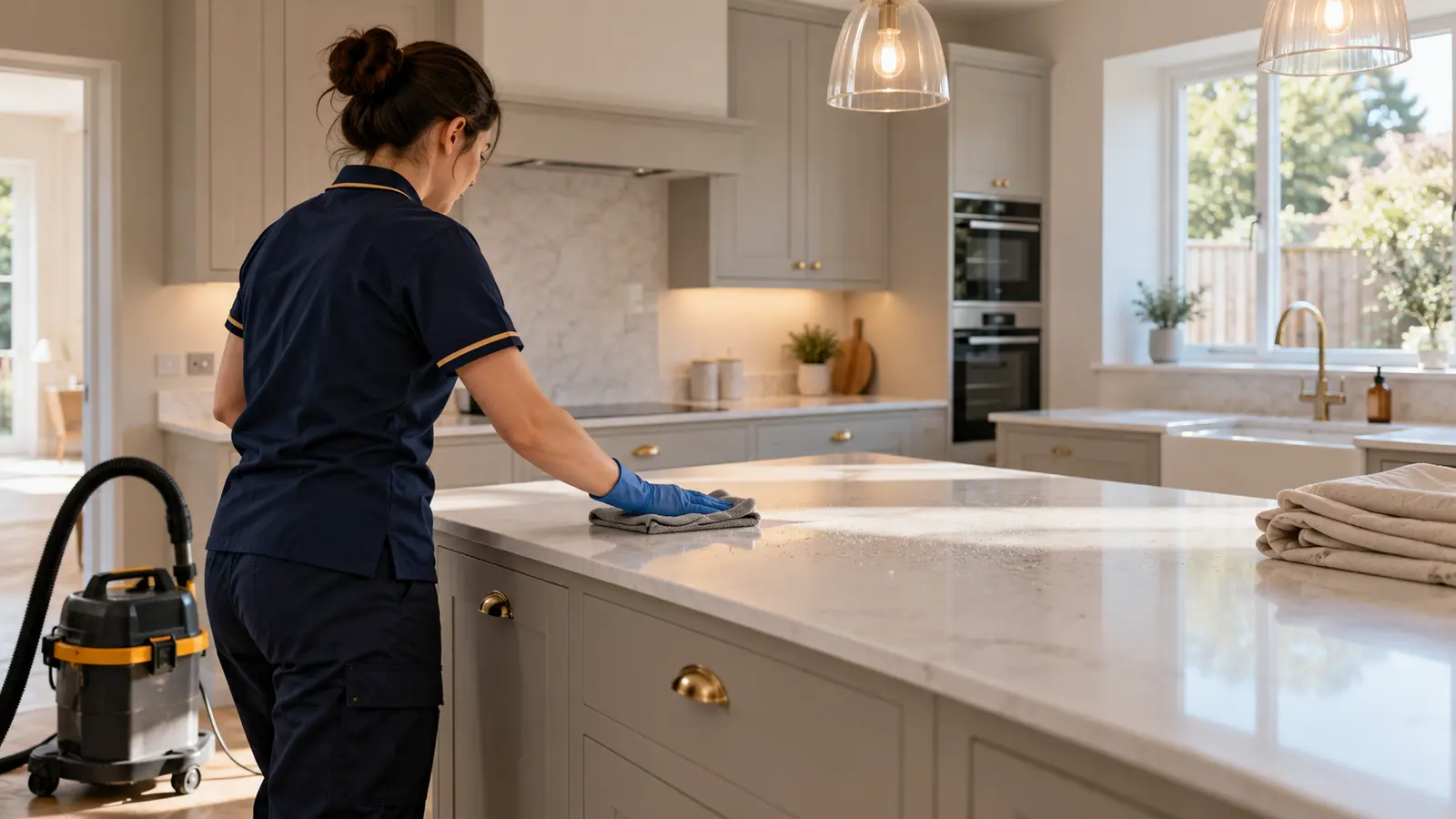 Professional cleaner removing fine dust from a newly renovated kitchen in Dumfries and Galloway