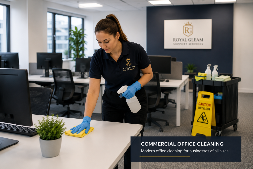 Royal Gleam illustration of a cleaner wiping a desk in a commercial office.