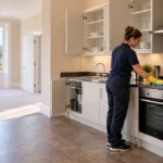 Professional cleaner preparing an empty rental kitchen for handover