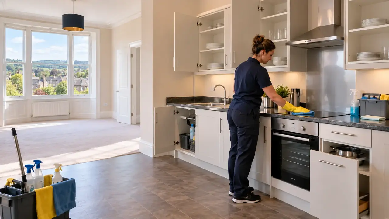 Professional cleaner preparing an empty rental kitchen for handover