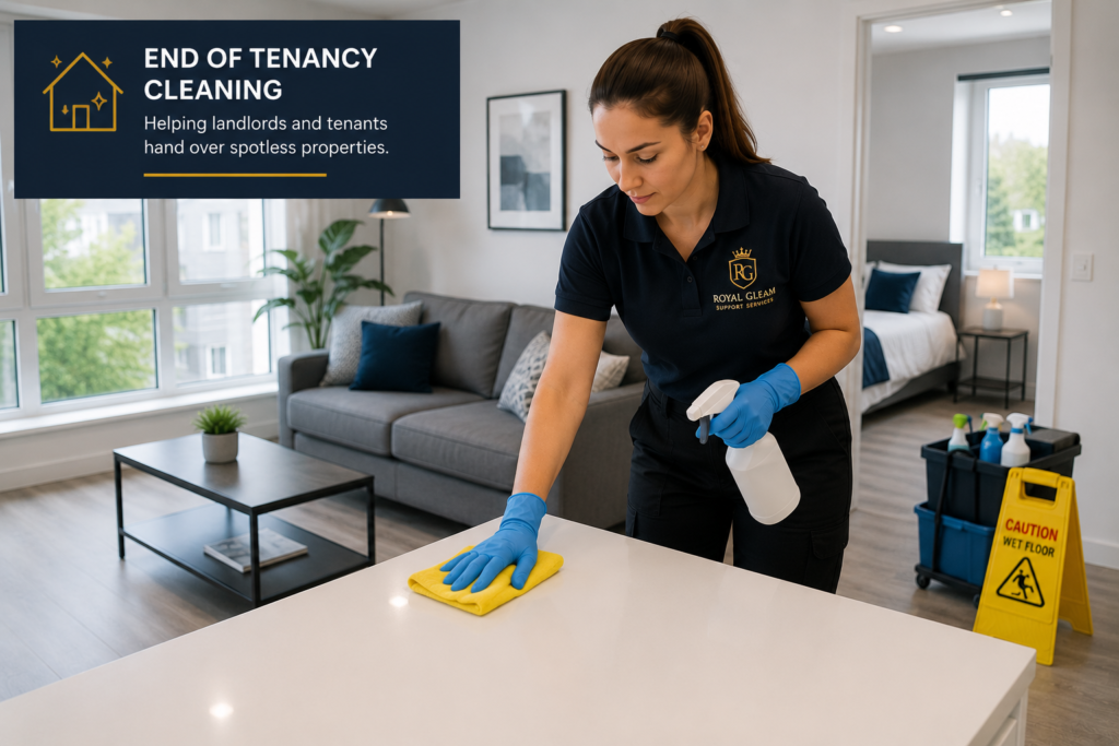 Royal Gleam illustration of a cleaner wiping a kitchen counter in a furnished rental property.