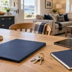 Keys, a navy property folder and a tablet on a cottage dining table.