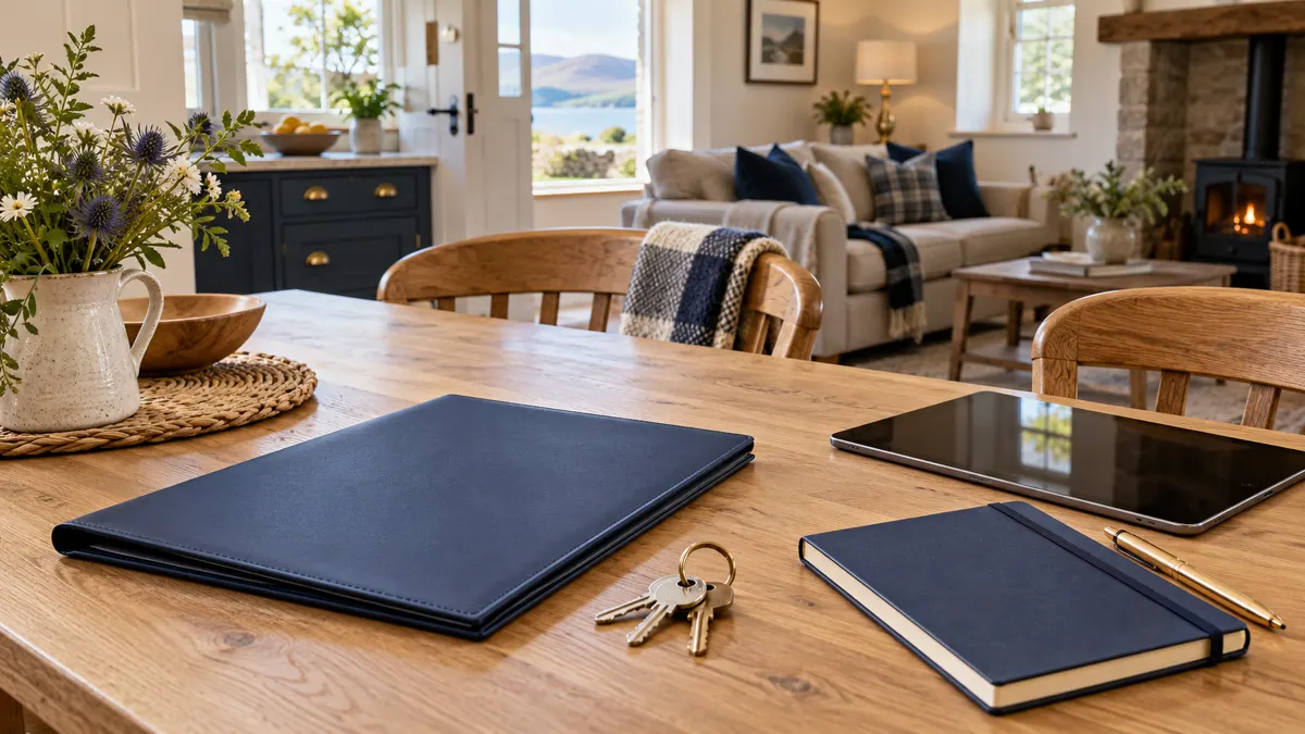 Keys, a navy property folder and a tablet on a cottage dining table.