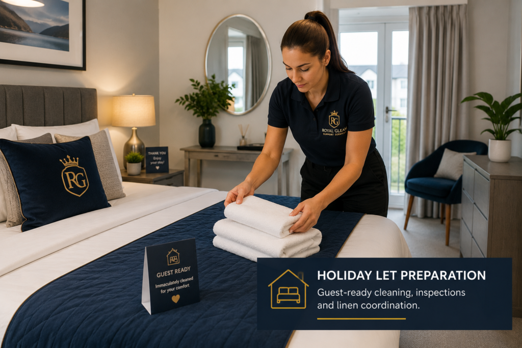 Royal Gleam illustration of a cleaner folding towels on a holiday-let bed.