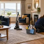 Professional cleaner completing detailed skirting-board cleaning in a living room