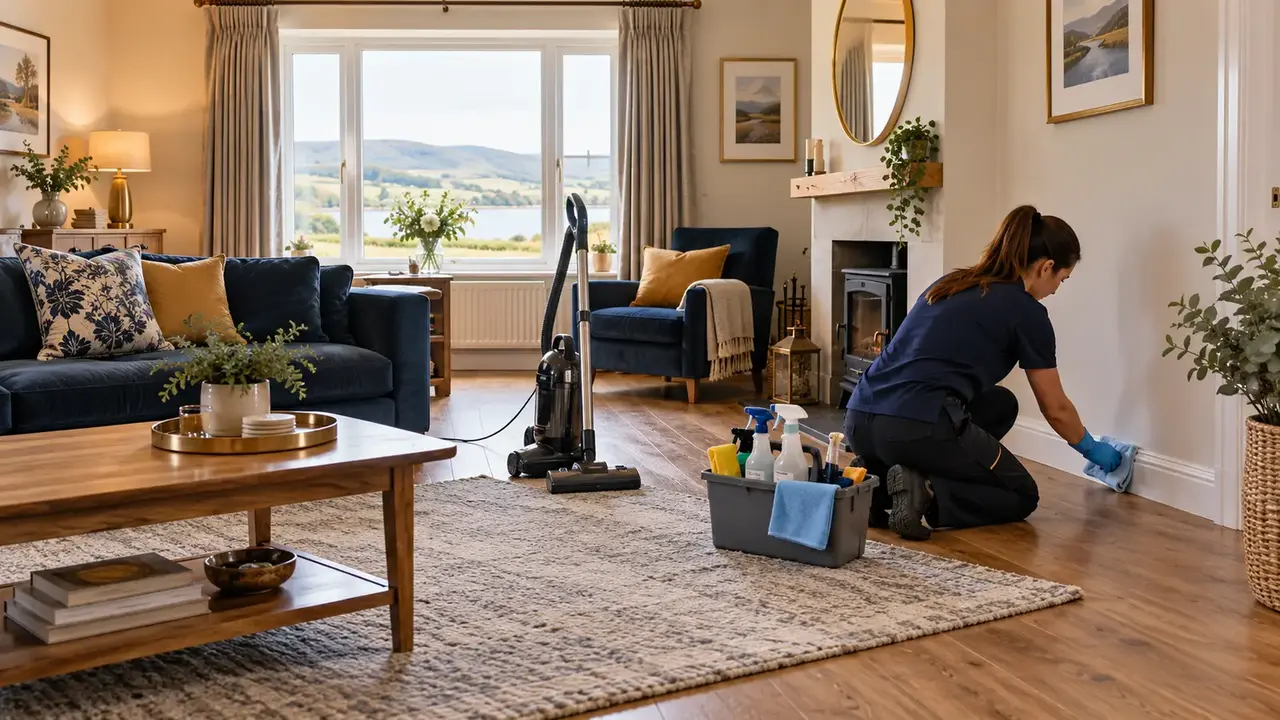 Professional cleaner completing detailed skirting-board cleaning in a living room
