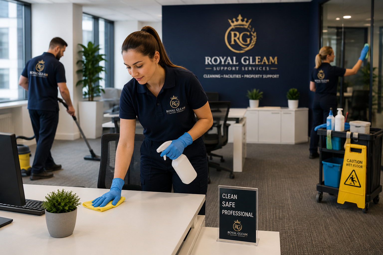 Royal Gleam illustration of cleaners wiping desks, mopping and cleaning glass in an office.