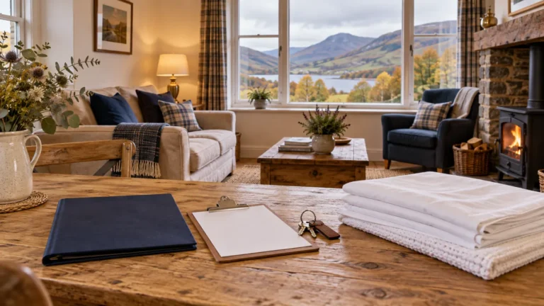 Keys, a clipboard and clean linen on a table in a rural holiday cottage